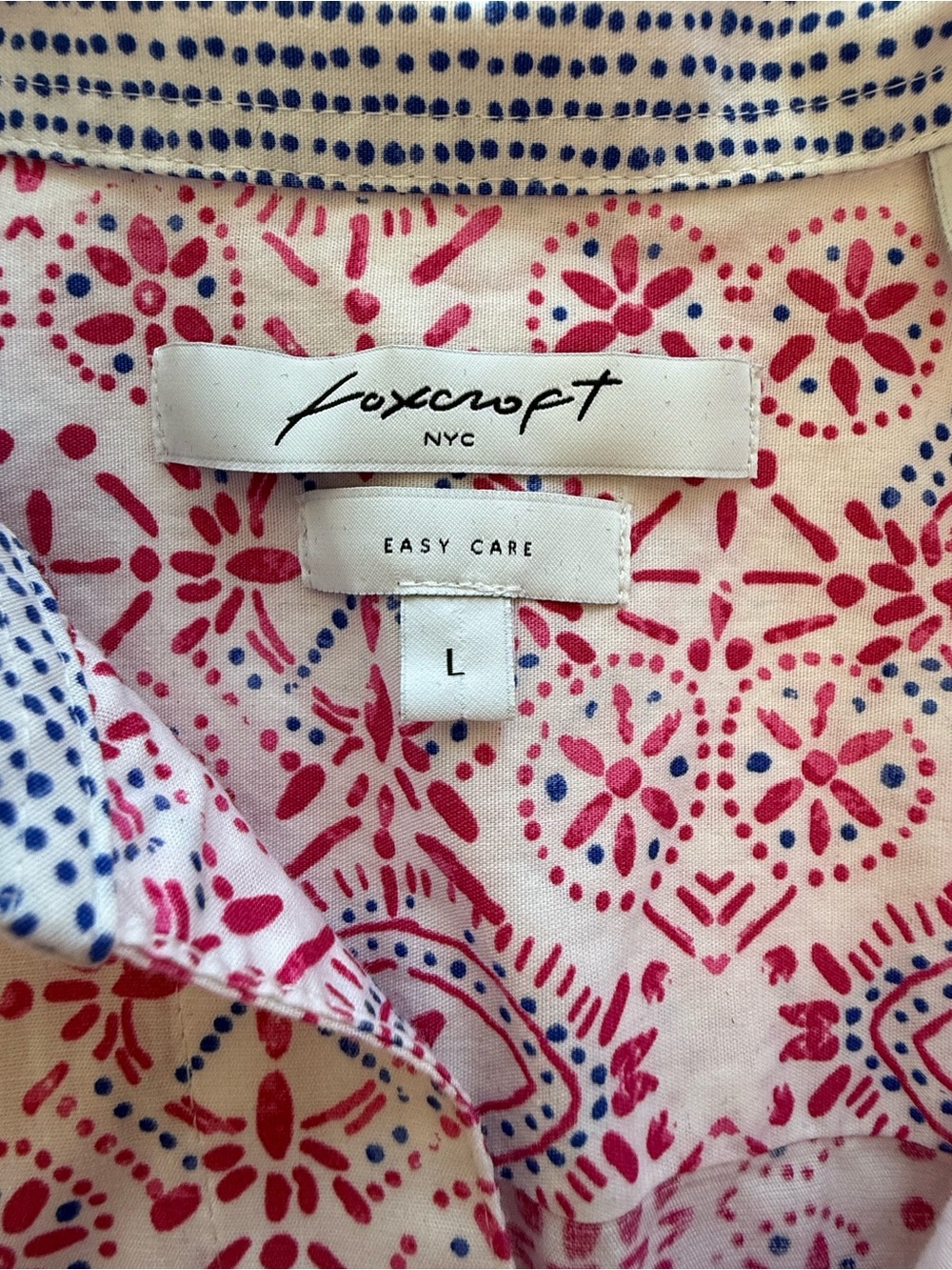 Foxcroft NYC Easy Care Button Front Shirt Large Pink Blue Print 3/4 Sleeve - Picture 7 of 10